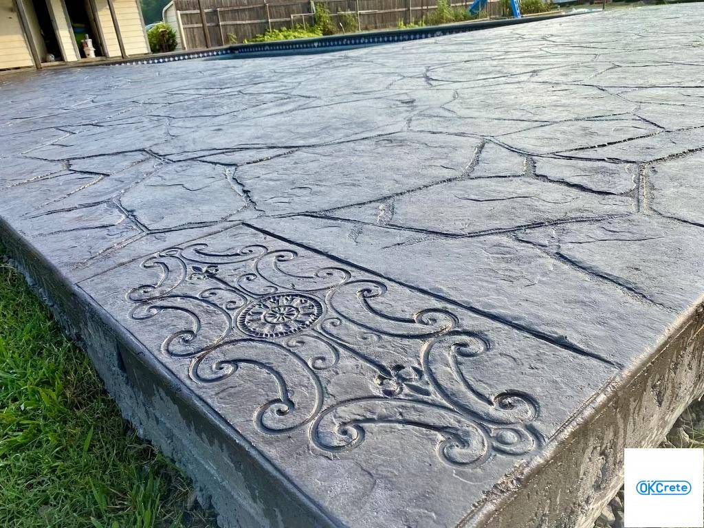 Colored and Rock Pattern Stamped Concrete, Pool Deck, and Patio